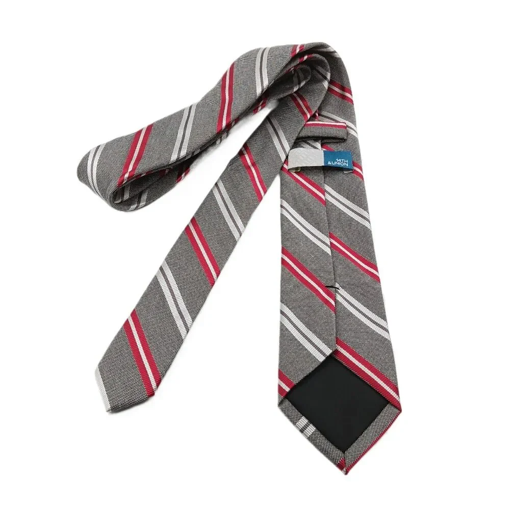 14th & Union Repp Tie Mens 59” Gray Red Stripe Silk Viscose Blend Skinny New